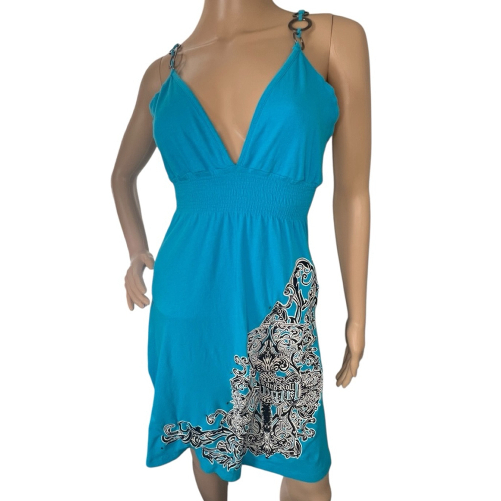 Rock And Roll Cowgirl Blue Spaghetti Strap Dress With Embroidered Detail
